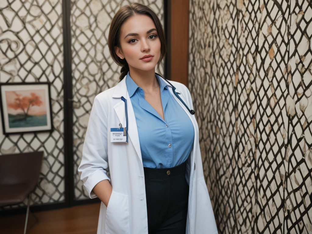A beautiful 30-year-old girl wearing a white doctor's coat, with brown bob hair and a beautiful face stands in front of a blurred background. The high-resolution image captures every detail of your costume, and cinematic lighting adds depth and drama to the scene.
