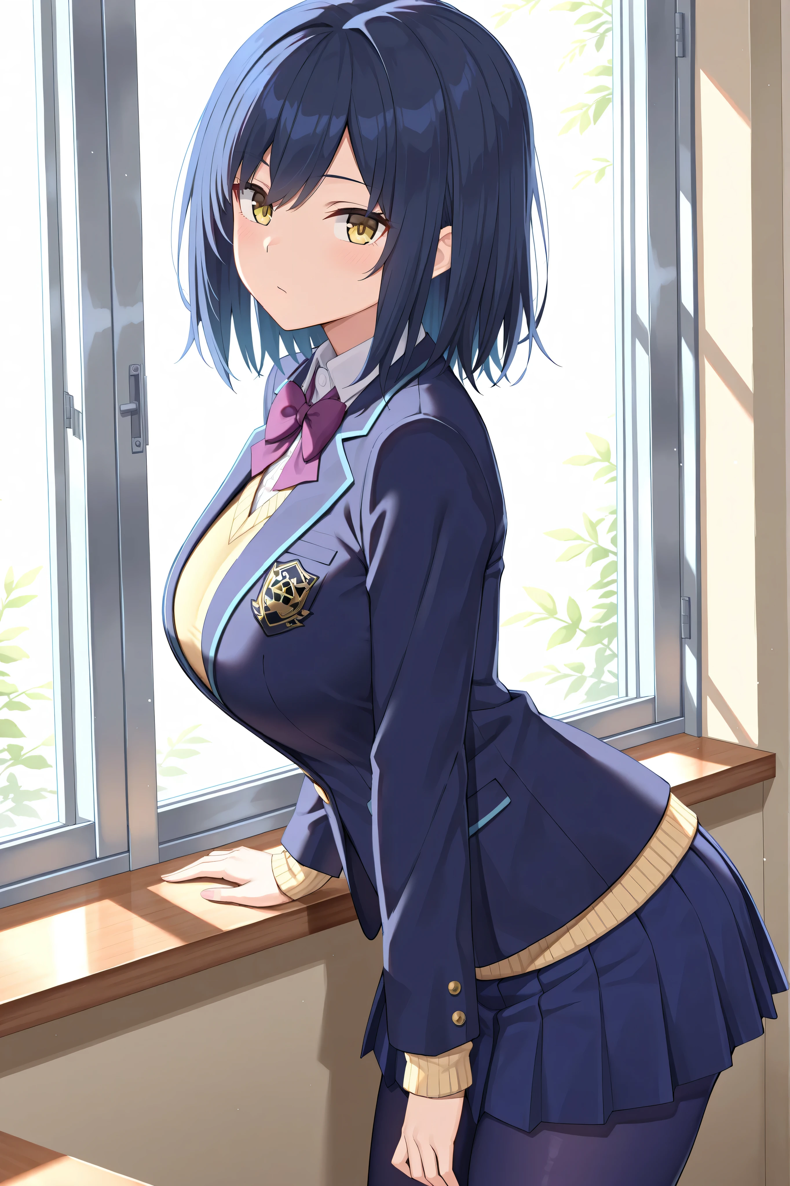 solo,masterpiece,best quality, amazing quality, highres, absurdres, very aesthetic, high resolution, ultra detailed, perfect details,nijirin,large breasts,yellow eyes,blue hair,black hair,moles,medium hair,nijirincos,white shirt,collared shirt,purple bowtie,yellow sweater,blazer jacket,blue jacket,closed jacket,blue skirt,miniskirt,pleated skirt,dark blue pantyhose,(masterpiece, detailed:1.2)
