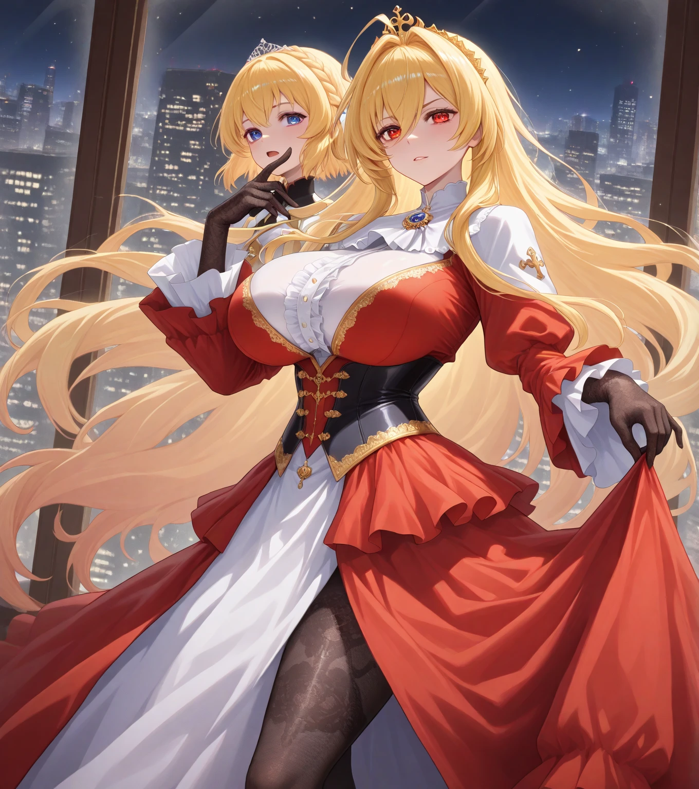 two women with white skin,Two people hugging each other, Long Blonde Hair, tthin eyebrows, blue eyes, Slim waist, Constriction, 8K High Resolution, Photorealista, Large bust, bodyguard, red blush, They enjoy, itting open legs, strong lighting, (Nargas), Looking back, fit derrier, posterior view, bottom less, Raised hands,Pink T-back,Pink thong that digs into your butt,thighs thighs thighs thighs,Voluptuous body,she only wears thong、Plump body and beautiful nipples、Dynamite Body、Pink T-back、they have weapons、She wears long tights that go up to her thighs.、Not wearing a bra、Nine Heads of Beauty、Kneeling
