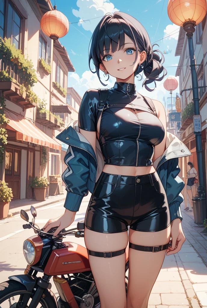 anime girl on a motorcycle wearing a short blue dress and blue leather bra, breasts, shorts, blurry background, 1girl, race queen, brown hair, blurry, smile, navel, looking at viewer, outdoors, skindentation, day, solo focus, bikini, brown eyes, swimsuit