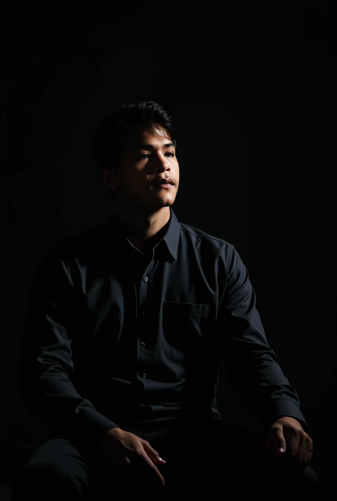 A 15 years old tan boy with gym body and black curly hair and navy blue long sleeve wedding shirt and white long trousers and old watch on it and black loafers sitting on black stool and black background on it the boy turning right side and red and blue lights