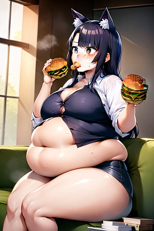 A women,black hair,wearing a black shirt,jeans,huge fat butt,huge breast,huge belly,huge thighs,huge hips,skinny face,her stomach is swollen,sitting,eating,full belly,sexy,huge,fat,super full of food,