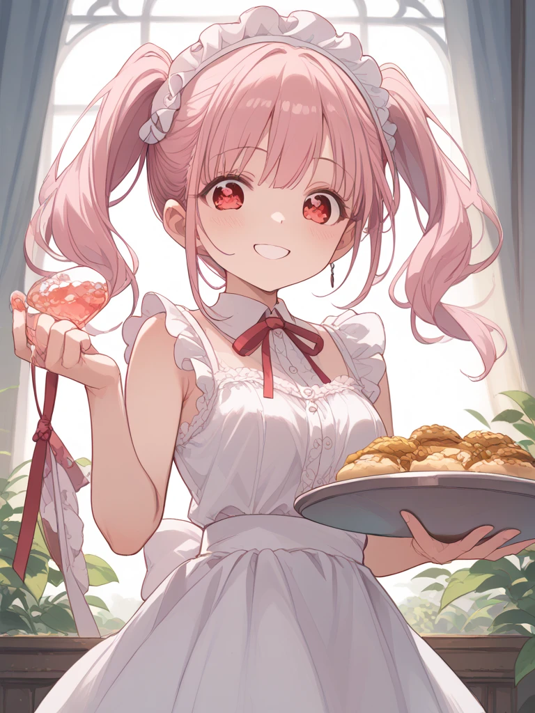 One girl, High resolution, Long Hair, smile, Food, Pink eyes, Highest quality, Back view, Barrette, Illustration, Pink hair, revealing clothing