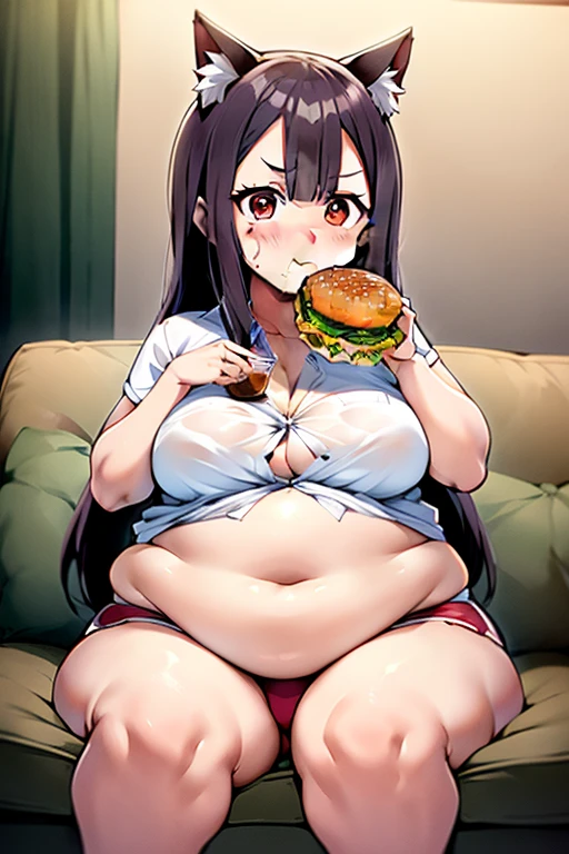 fat, rise kujikawa, fat belly., obese, eating ice cream, sitting on couch