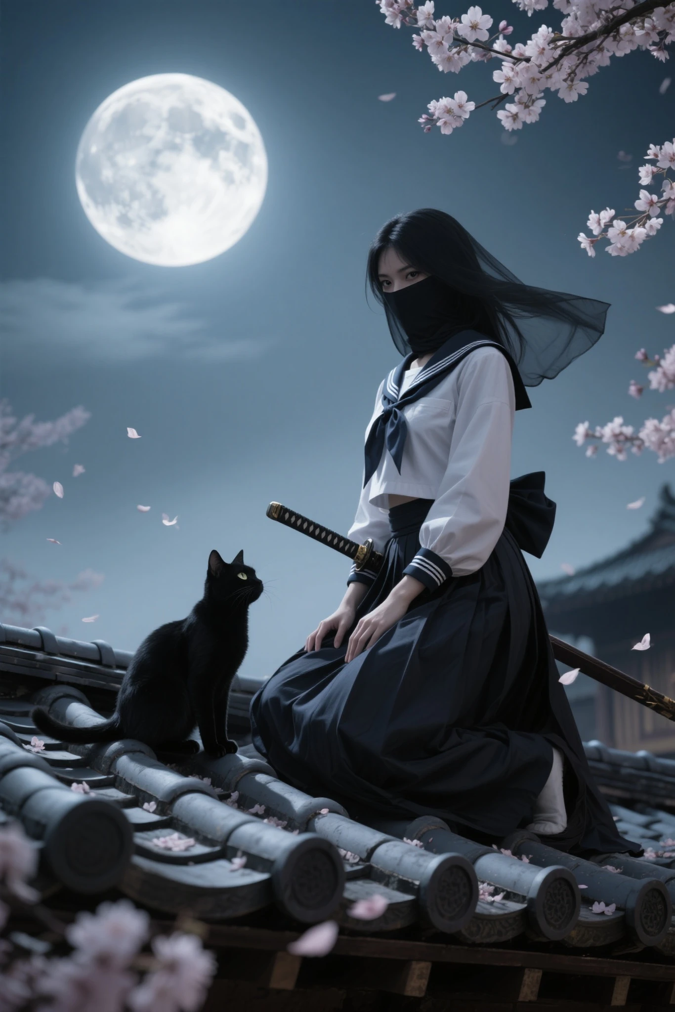"A fierce female shadow warrior in a modified sailor uniform crouches atop a traditional Japanese rooftop, bathed in the silvery glow of the full moon. Her concealed face adds an air of mystery, with only her sharp eyes visible beneath the veil, scanning the night with unwavering focus. In one hand, she grips a finely honed katana, its blade reflecting the moonlight, while her other hand hovers near a set of lethal throwing stars strapped to her wrist. The wind rustles through her flowing garments, carrying scattered cherry blossom petals through the air. Around her, the deep shadows of the city pulse with unseen dangers, yet she remains perfectly still—silent, vigilant, ready. The scene is intensely dramatic, captured in high resolution, cinematic lighting, 8K, masterpiece quality, photorealistic textures, striking contrasts, evocative atmosphere, rich details."