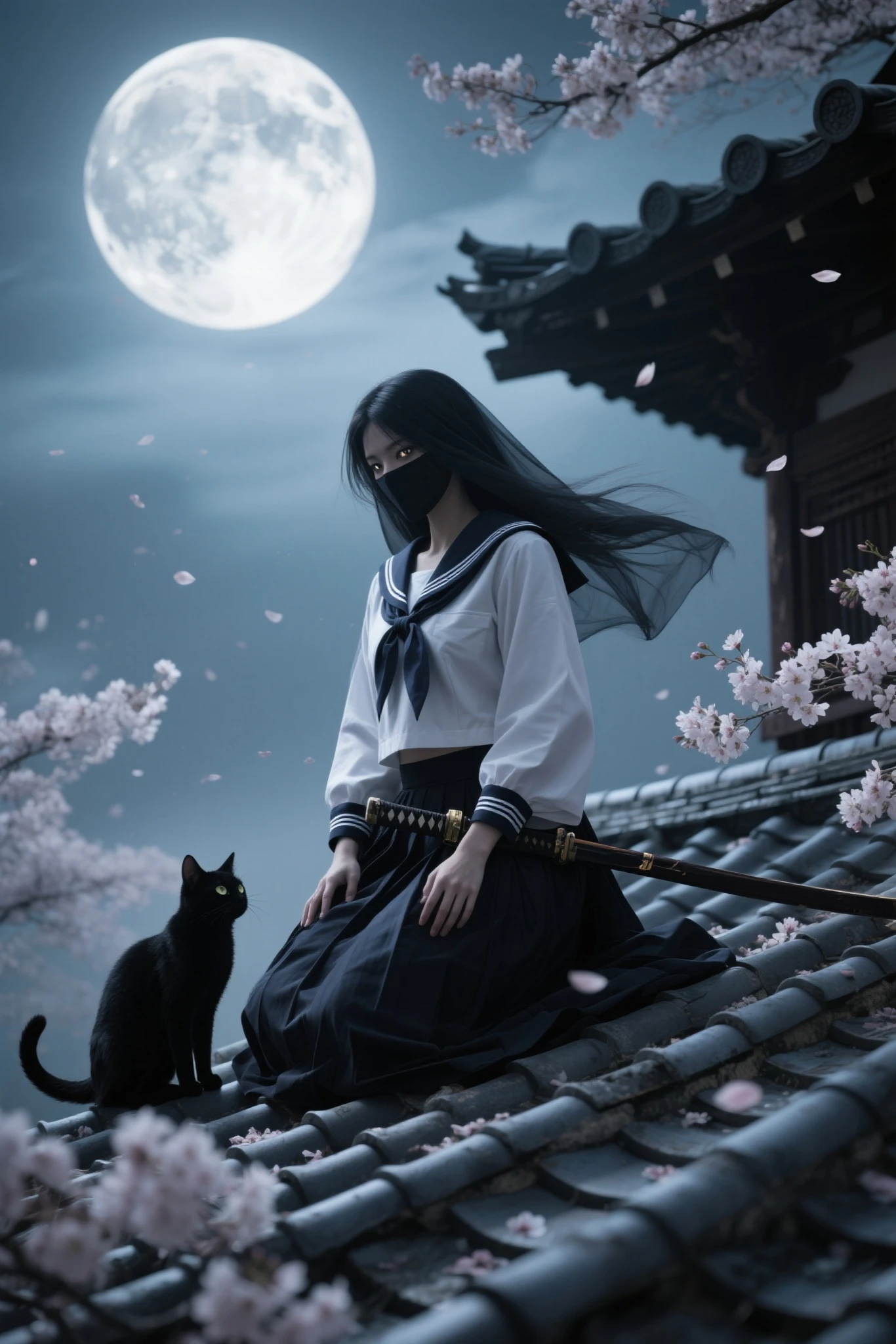 "A fierce female shadow warrior in a modified sailor uniform crouches atop a traditional Japanese rooftop, bathed in the silvery glow of the full moon. Her concealed face adds an air of mystery, with only her sharp eyes visible beneath the veil, scanning the night with unwavering focus. In one hand, she grips a finely honed katana, its blade reflecting the moonlight, while her other hand hovers near a set of lethal throwing stars strapped to her wrist. The wind rustles through her flowing garments, carrying scattered cherry blossom petals through the air. Around her, the deep shadows of the city pulse with unseen dangers, yet she remains perfectly still—silent, vigilant, ready. The scene is intensely dramatic, captured in high resolution, cinematic lighting, 8K, masterpiece quality, photorealistic textures, striking contrasts, evocative atmosphere, rich details."