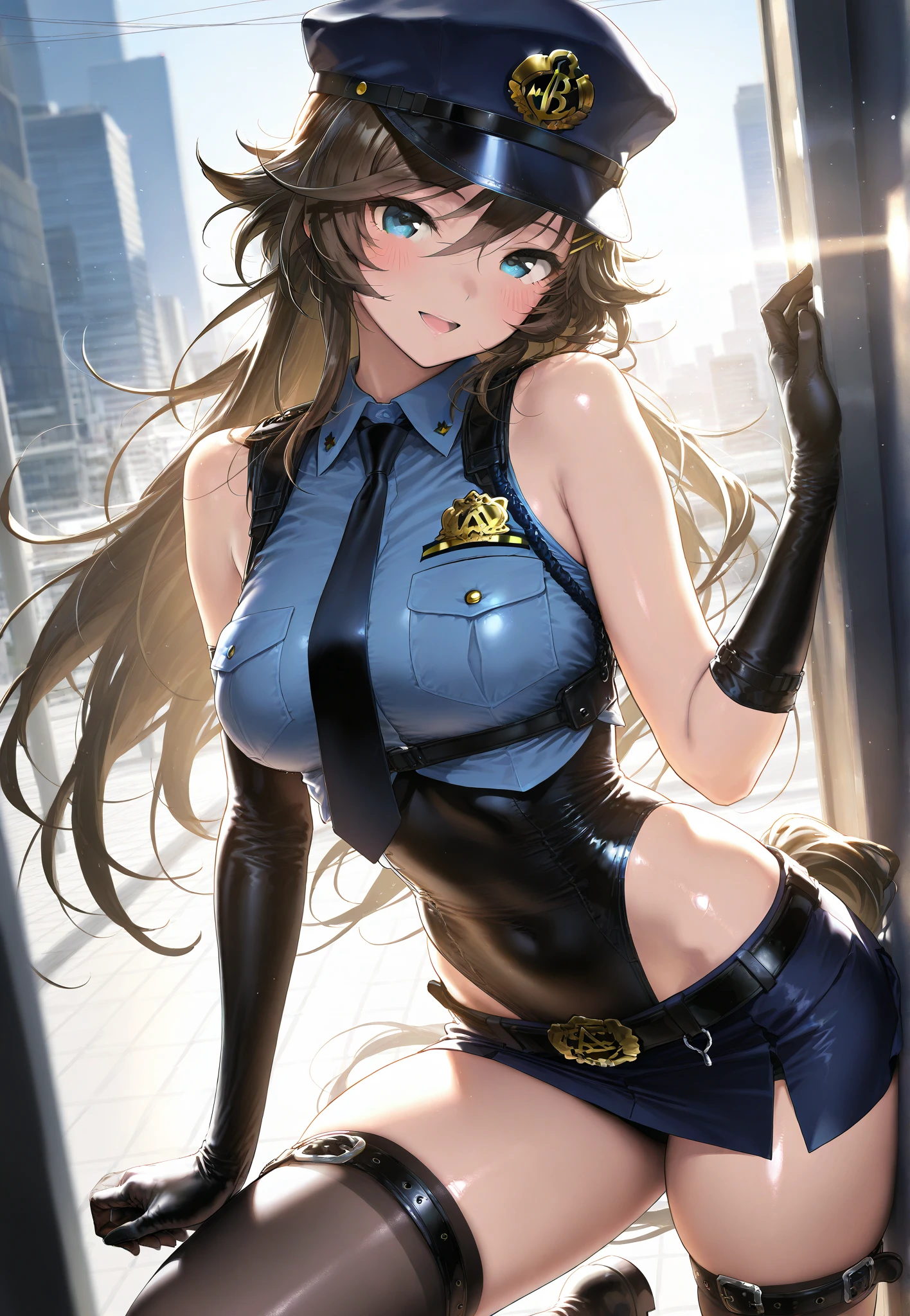 Beautiful woman in police uniform, in the back, with big bust and miniskirt, best texture, best lighting, edgy shadows, and the background is an urban landscape, deep shading, strong contrast. Enamel long knee high boots, glowing skin, Asuna, long hair