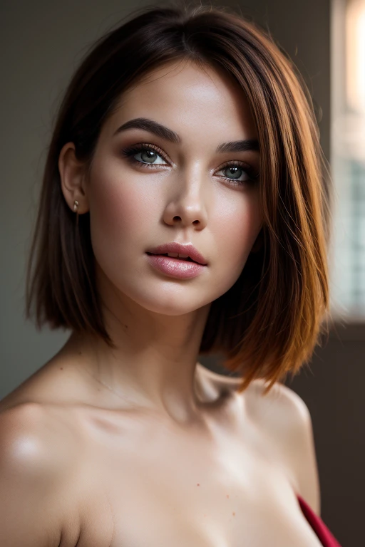 Gorgeous european woman with very short hair, short hair with fringe, wet hair, hair slicked back, combed straight back, slick hair, streaked brown hair, Dylan Ryder in a tight wet open blouse, cleavage, freckles, solid dark grey background