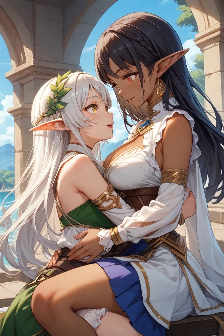 Brown-skinned、Black-haired dark elf girl and silver-haired girl、Fair-skinned elf girls hug and love each other,Very beautiful,lesbian between girls,I'm so embarrassed that I almost cry,red blush,Accurately drawn face ,tre anatomically correct,perfectly proportions,Precise fingers,,Spread your legs wide and blame each other'chest and crotch,Scandinavian style costume,erotick,Fantasia,Sweaty skin,Extreme lesbian sex,in a fantasy dungeon,masterpiece,Best Quality,
