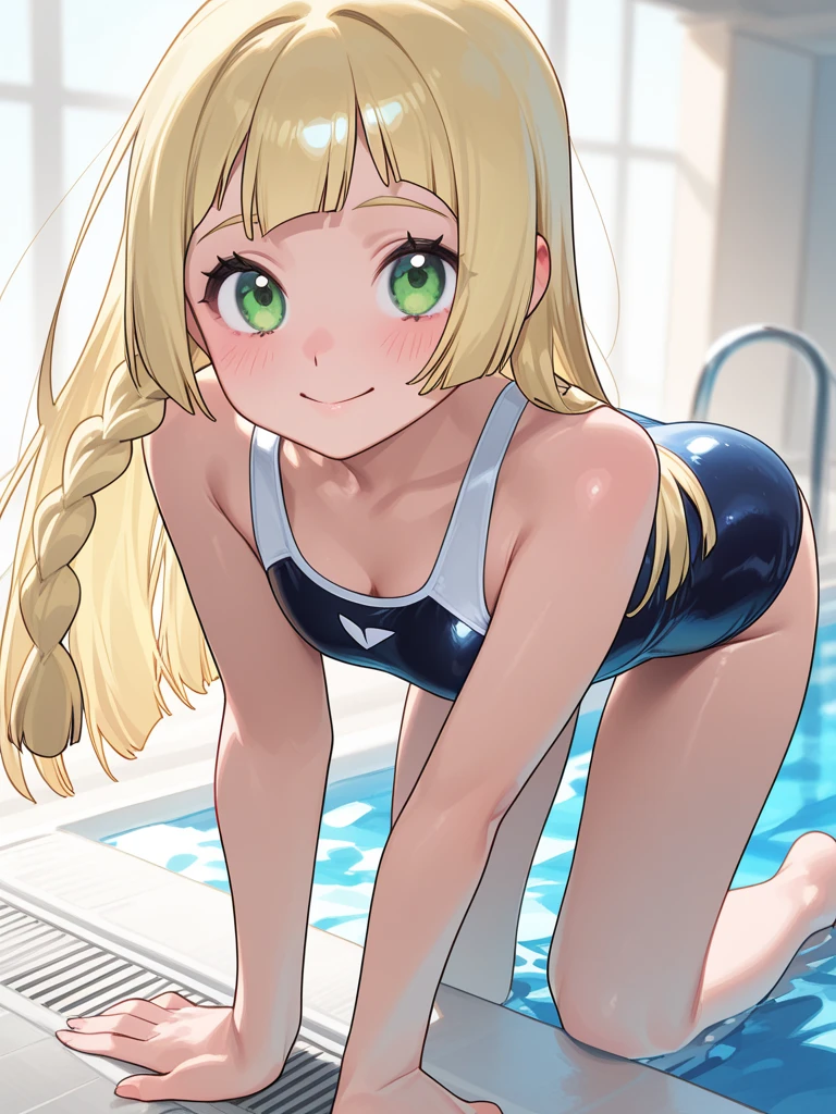 ,(young girl ,short stature,gyaru) ,flat chest,nsfw,big head, rotund.one-piece-swimsuit,braid hair, poolside.lift swimsuit,pussy,sitting,shy