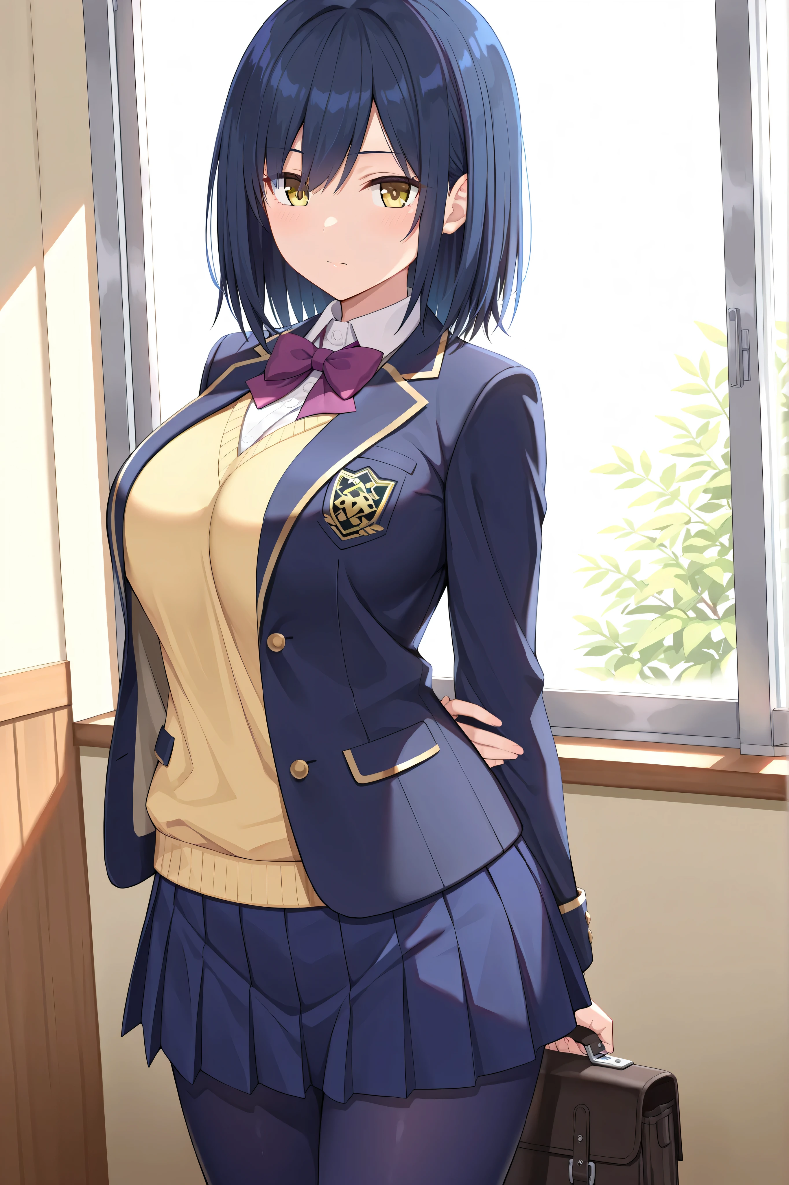 solo,masterpiece,best quality, amazing quality, highres, absurdres, very aesthetic, high resolution, ultra detailed, perfect details,nijirin,large breasts,yellow eyes,blue hair,black hair,moles,medium hair,nijirincos,white shirt,collared shirt,purple bowtie,yellow sweater,blazer jacket,blue jacket,closed jacket,blue skirt,miniskirt,pleated skirt,dark blue pantyhose,(masterpiece, detailed:1.2)