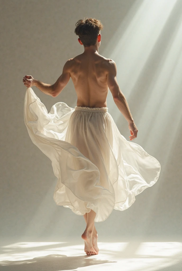 sutnning sceneric photography of a handsome hunk men , with a long veil with intricate details,((loincloth)),((he is spinning:turning)),far body shot,extended arms, in a beautiful rounded stained glass floor,((massive white birds flying around him:1.2)),a sea of hyper detailed clouds scenery,sunset,dreamy atmosphere,wind strongly blowing,dynamic shadows,warm contrast,cinematic,masterpiece,trending on pinterest