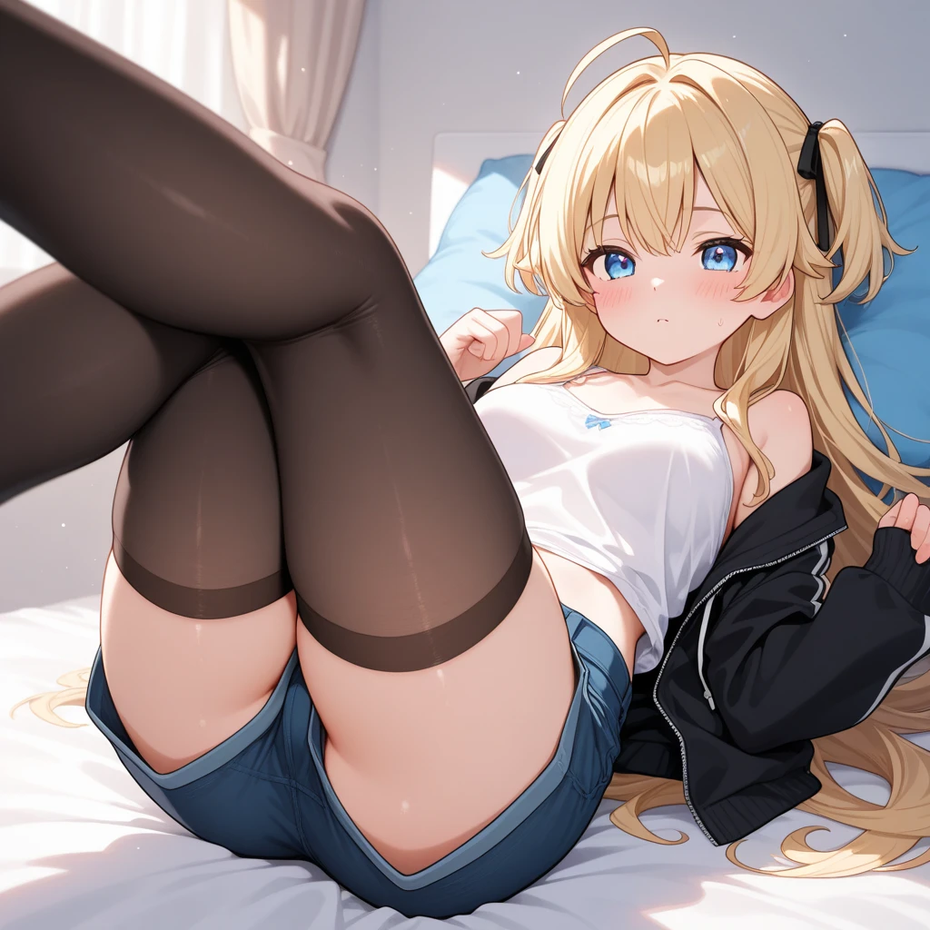 Best quality at best，one-girl，brassiere，blackstockings，white under lingerie，Drenched，soaking wet，face flushed，dreads，embarressed，A white bikini，spread their legs，seductiv