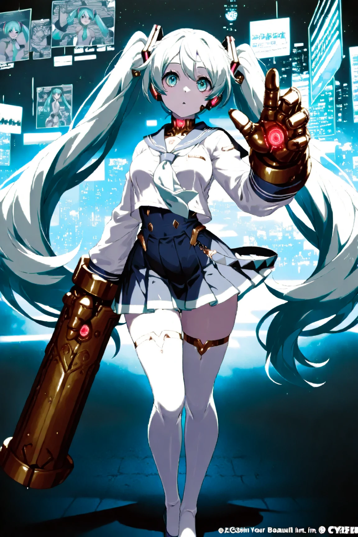 TV screen head robot girl high school sailor uniform big breasts Wire plug tail sci-fi city full-body shot