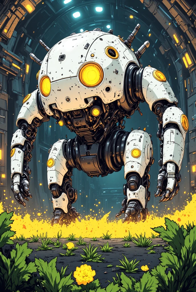 Exoskeleton heavy-duty robot cleaning crops inside bunker 