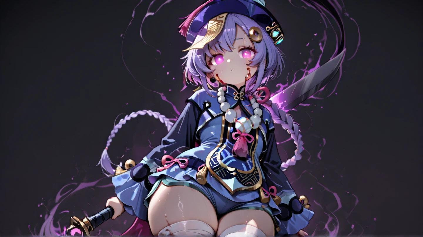 Qiqidef, corpo inteiro, sentado, sorrir, corar, ao ar livre, dia, fundo simples, blue skies, short hair, heaven, templo, Olhando para o Viewer, sentado em escadas, montanha, Moody Lighting, leg spread, showing panties,