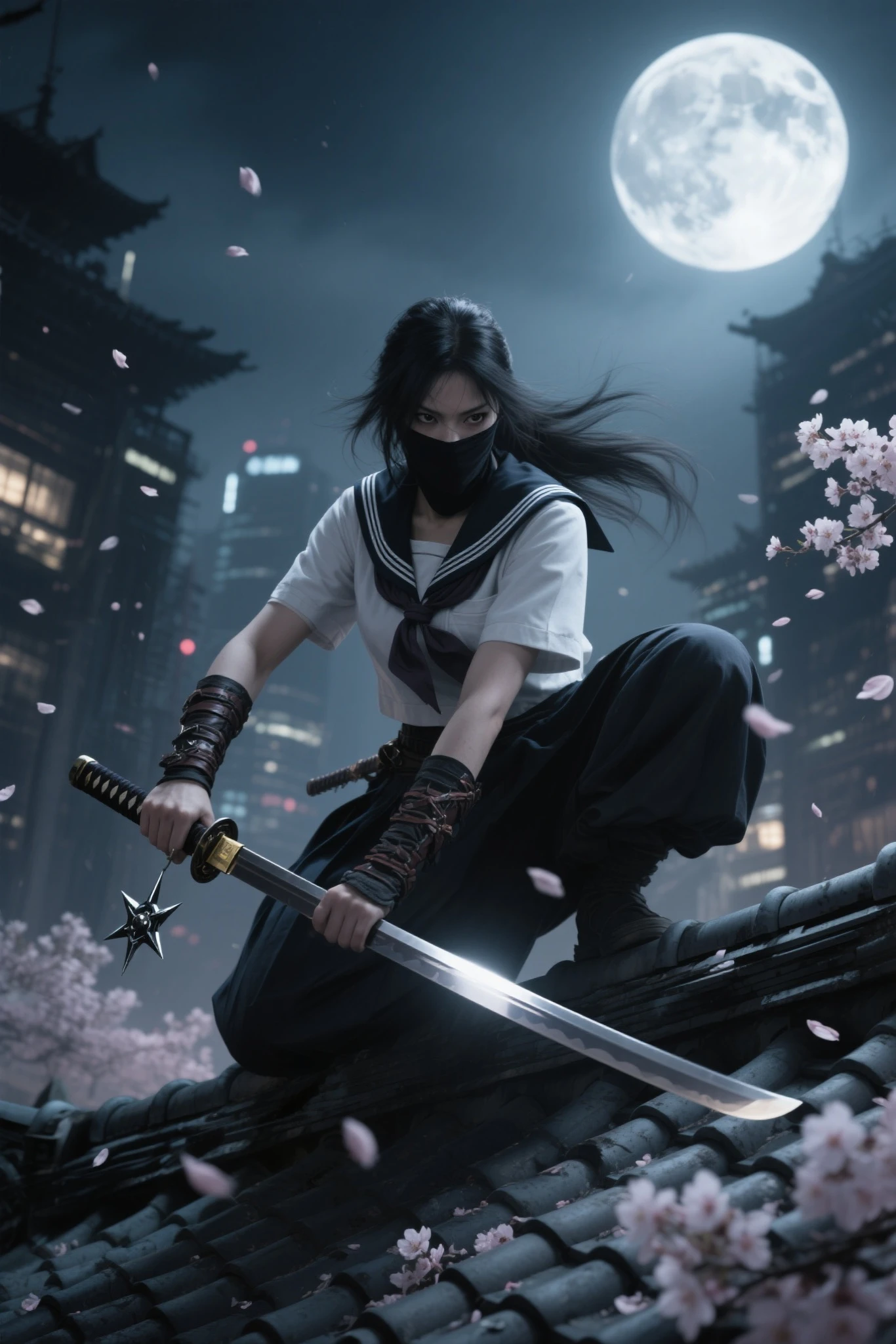 "A fierce female shadow warrior in a modified sailor uniform crouches atop a traditional Japanese rooftop, bathed in the silvery glow of the full moon. Her concealed face adds an air of mystery, with only her sharp eyes visible beneath the veil, scanning the night with unwavering focus. In one hand, she grips a finely honed katana, its blade reflecting the moonlight, while her other hand hovers near a set of lethal throwing stars strapped to her wrist. The wind rustles through her flowing garments, carrying scattered cherry blossom petals through the air. Around her, the deep shadows of the city pulse with unseen dangers, yet she remains perfectly still—silent, vigilant, ready. The scene is intensely dramatic, captured in high resolution, cinematic lighting, 8K, masterpiece quality, photorealistic textures, striking contrasts, evocative atmosphere, rich details."