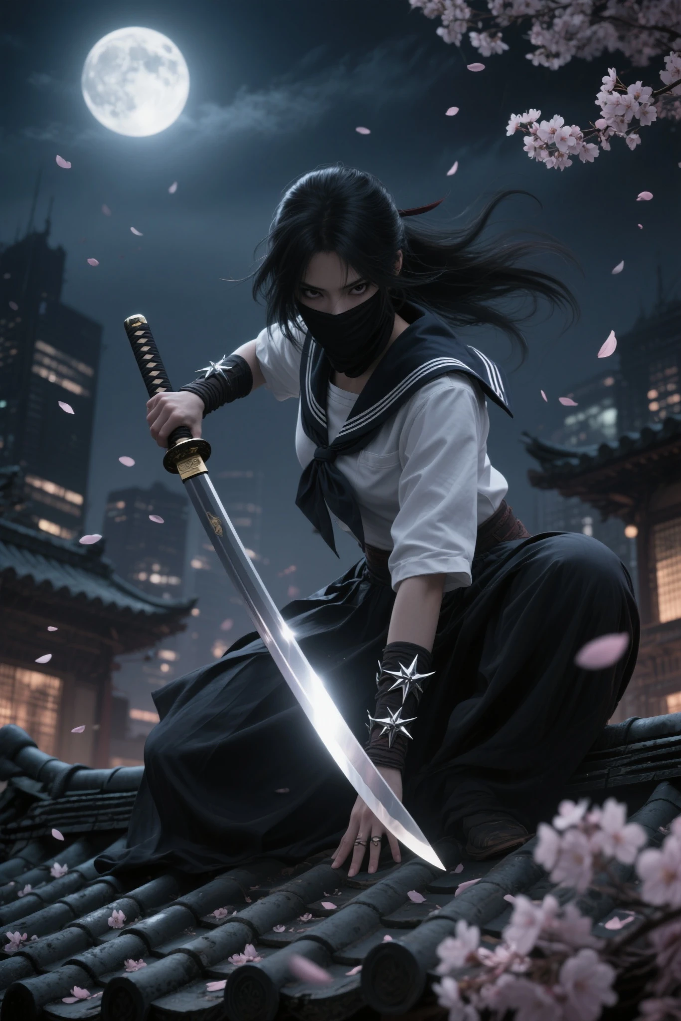 "A fierce female shadow warrior in a modified sailor uniform crouches atop a traditional Japanese rooftop, bathed in the silvery glow of the full moon. Her concealed face adds an air of mystery, with only her sharp eyes visible beneath the veil, scanning the night with unwavering focus. In one hand, she grips a finely honed katana, its blade reflecting the moonlight, while her other hand hovers near a set of lethal throwing stars strapped to her wrist. The wind rustles through her flowing garments, carrying scattered cherry blossom petals through the air. Around her, the deep shadows of the city pulse with unseen dangers, yet she remains perfectly still—silent, vigilant, ready. The scene is intensely dramatic, captured in high resolution, cinematic lighting, 8K, masterpiece quality, photorealistic textures, striking contrasts, evocative atmosphere, rich details."