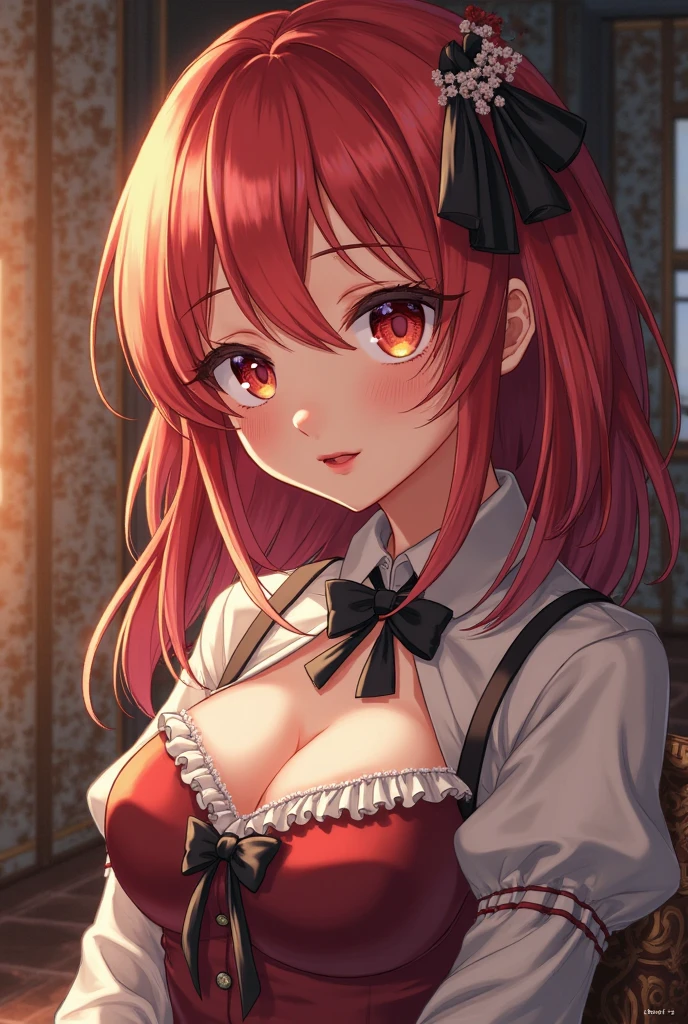 Masterpiece, Best Quality, extremly detailed, Cinematic lighting, intricate detials, hight resolution, official arts, finely detailed beautiful face and eyes, high-resolution illustration, 8K, dark intense shadows, 1girl, skinny, small breast, medium short fluffy hair, white hair, (red streaks hair), red eyes, white underwear, red small bow on bra, red small bow on panties