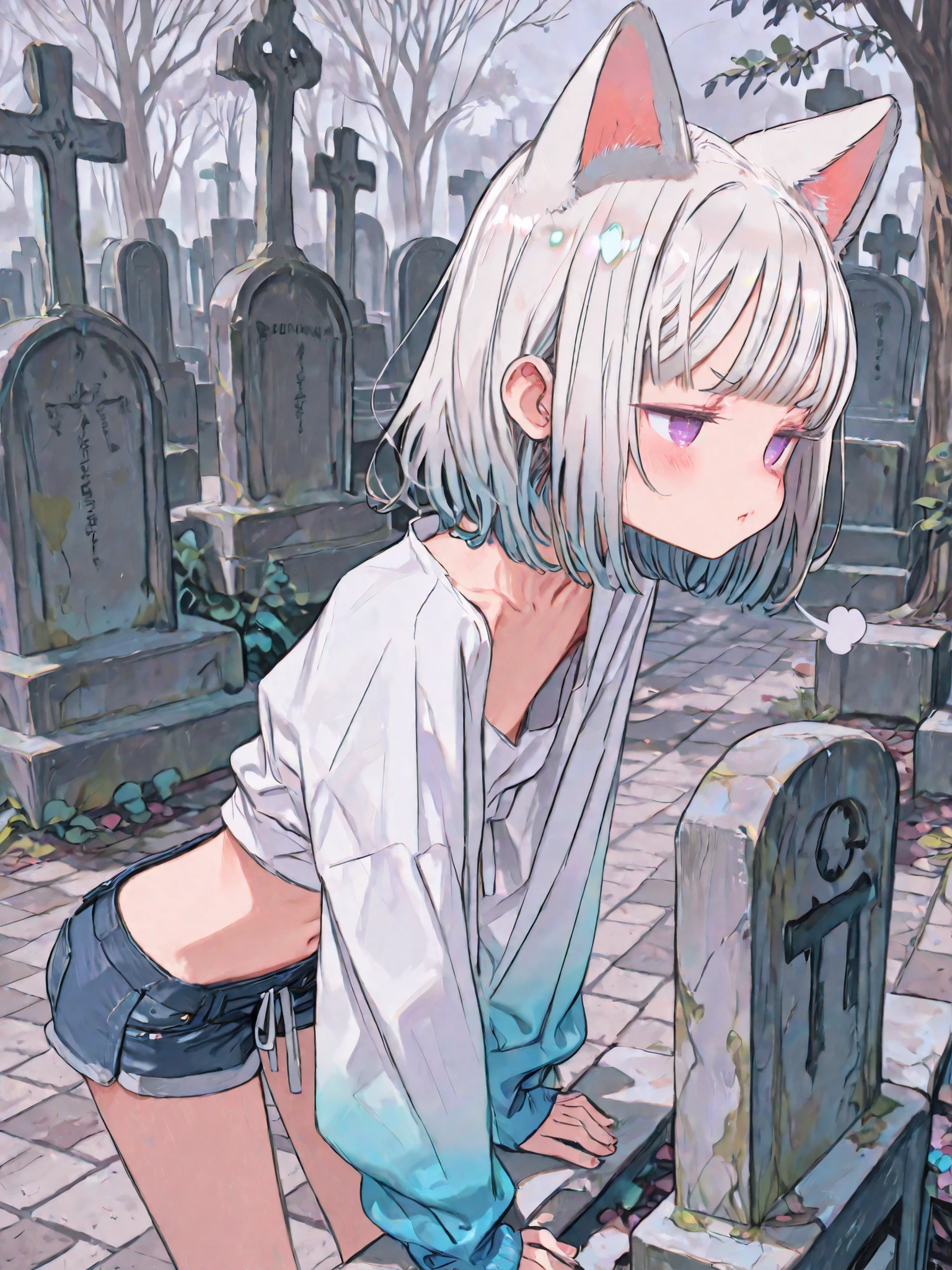 ((Kuroboshi Kouhaku style)), ((Masterpiece)), (from side), ((best quality, very aesthetic, absurdres, newest, detailed background, High Definition)), (8K), ((1girl)), (cute young girl), (Healthy Gaunt body, Textured skin, small chest, tilt head), ((platinum-gold hair)), Textured skin, (cropped shirt, white shirt, loose neckline shirts), (gradient jacket, cropped jacket, long-sleeves, open jacket, fur trim) cute navel, exposed lower abdomen, (short shorts, Navy blue Denim shorts, unbuttoned shorts), cute thongs, (long bangs, fanged bangs, blue color Hair Tip), gradient hair, beautiful collarbones, BREAK ((:t, blush, pout)), puff of air, Thin and short eyebrows, (cute cheeks), glossy lips, pouty lips, (lower eyelashes), (cat ears), ((jitome, pale purple eyes, gradient eyes, looking at side)), (pulling down shorts, pull by self, undress shorts, slightly exposed naked hip), (loose standing on the Stone tile floor, leaning forward), thongs, ((foggy effect)), outdoor, Terrifying haunted Cemetery at midnight, rotting tombstone, Decaying cemetery,