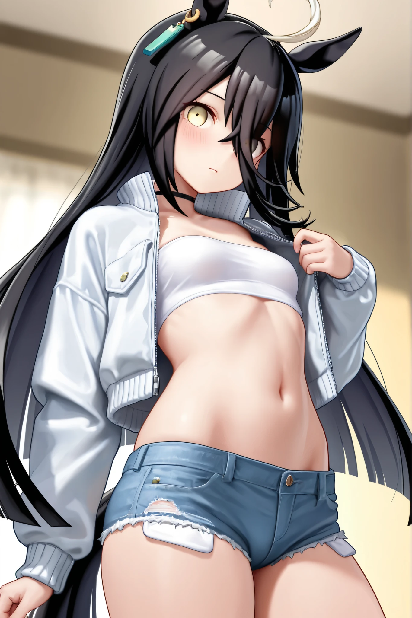 1girl, R18, white bed background, Above the thighs only, ,lying in bed, Barely covering the nipples, Barely covers important areas, Be careful behind, black hair, long hair, black solid choker around neck, cat eyes, cat eyes썹, moderate chest, Bra with broken straps, white dress shirt, Black Jacket, Barely Covered Breasts, navel, Place your right hand on your lower abdomen, Cover your mouth with your left hand, Very light blush on upper cheeks, thong panties, Black panties, Important parts barely covered, Nipples barely covered by bra, Barely covered with panties, pants fall down, black pants, mastetpiece