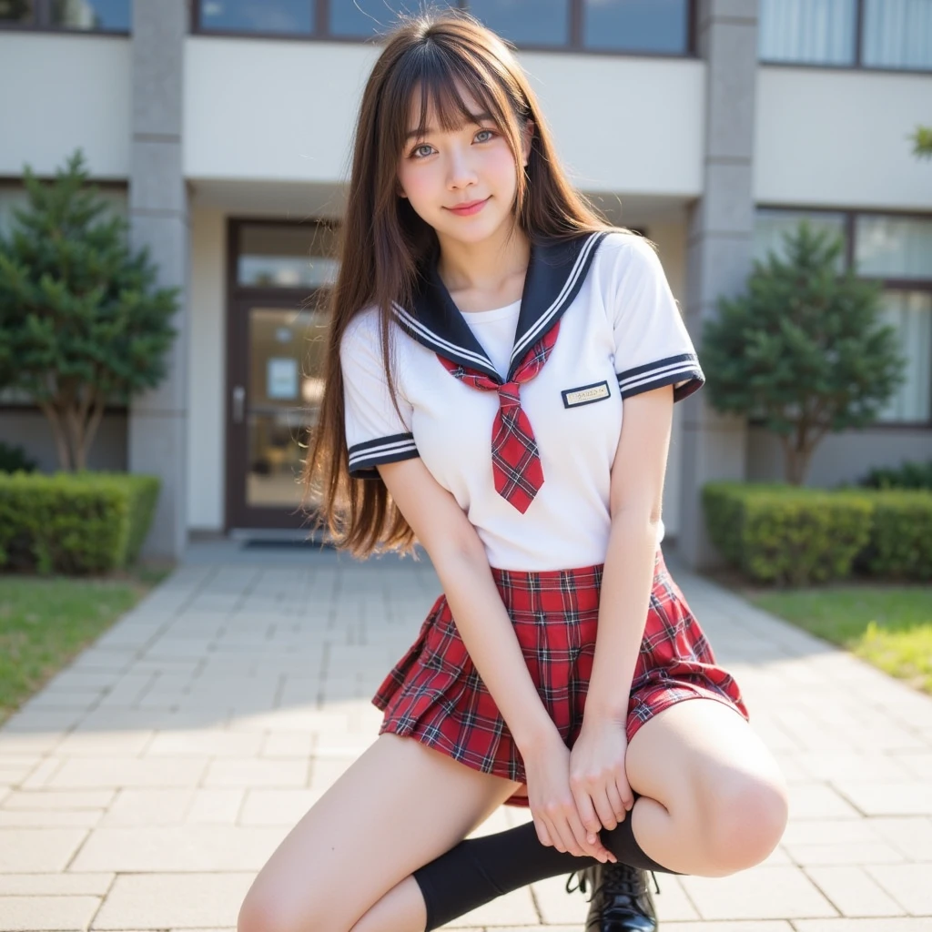 ((Highest quality, 8k)), ((masterpiece)), (Highest Resolution), Perfect Face, Fox Woman, Female college student, Beautiful woman, Outdoor, Only one tail, she has thick thighs, Her large tail, Her brown fox tail, She wags her tail, smile, Collar on Leash, She is wearing bloomers as part of her gym uniform., Plump Breasts, Beautiful Hips , Her fox tail sticks out from her bloomers, On all fours