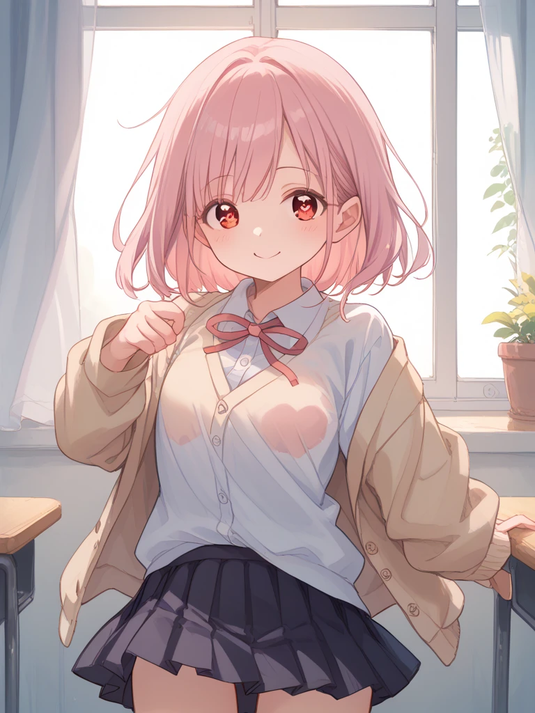 momo velia deviluke, PH Momo, momohd, phmomo, solo, 1girl in, rose hair, violet eyes, Short hair, Hair Flower, Big eyes, (Maste Piece:1.2, Best Quality), (finely detailed beautiful eye: 1.2), (beautiful detailed face), (sharp face hair between eyes, (detail white panty), Sweater Vest、student clothes、(Yellow sweater:1.2)、Plaid skirt、black thighhighs、Naught、 medium breasts emphasis、(skirt lift:1.3),a smile、(Fully exposed panties:1.5)、(white panties:1.5)、is standing、blush on、embarrassed、Pink hair,(full-shot:1.3)、body complet