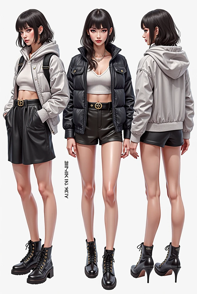 ((masterpiece)),(((Highest quality))),((Character design sheet)), Thin thighs,Long legs,18 year old Japanese girl, Cute type,The best smile:1.5，white long hoodie:1.5, Black panties in full view 1.5，Very short hair ,  (Highly detailed skin), The background is gray，Tuck up your clothes:1.5，Wearing a hood:1.5，Sexy pose with butt sticking out:1.5，Wearing white sneakers:1.5，I&#39;m not wearing a skirt:1.5，