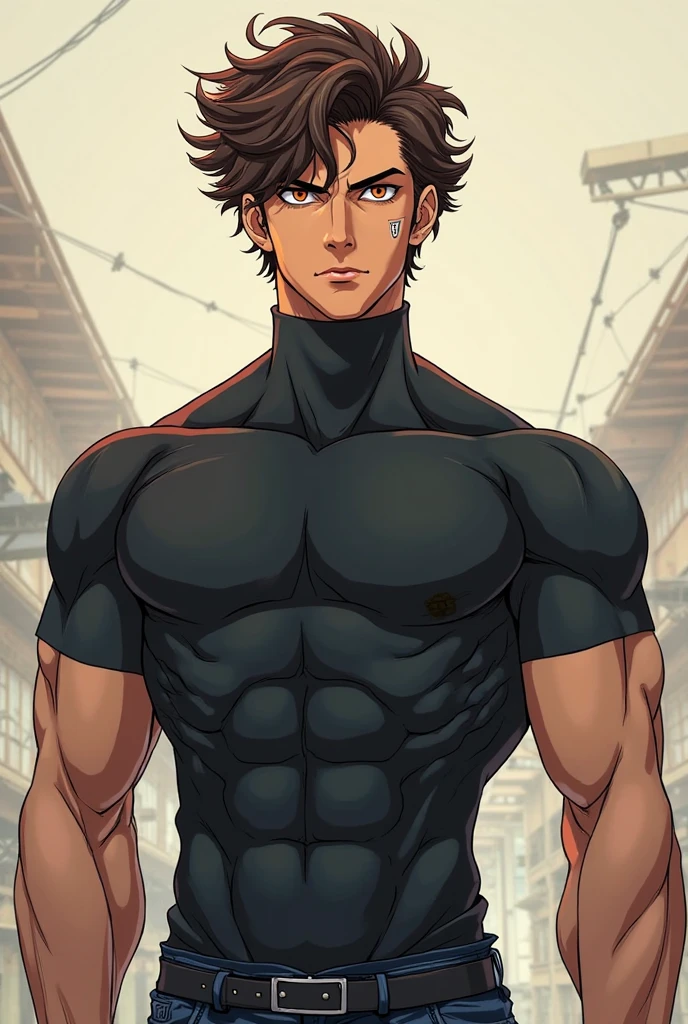 ((handsome men)), ((yellow eyes)), ((brown hair)), ((ninja)), ((dark skin)), ((serious expression)), ((shinobi clothing)), ((muscular male), ((shirtless)), ((topless)), ((body full of huge muscles)) (((complementary colors))), ((mature male)), 1boy, beautifully drawn, high resolution illustration, best quality, High definition, ((detailed anime sketch)), Masterpiece, (solo), absurdres, portrait, ((full body)), ((wild hair)), detailed background, fine detail, male focus, HDR, ((short hair))