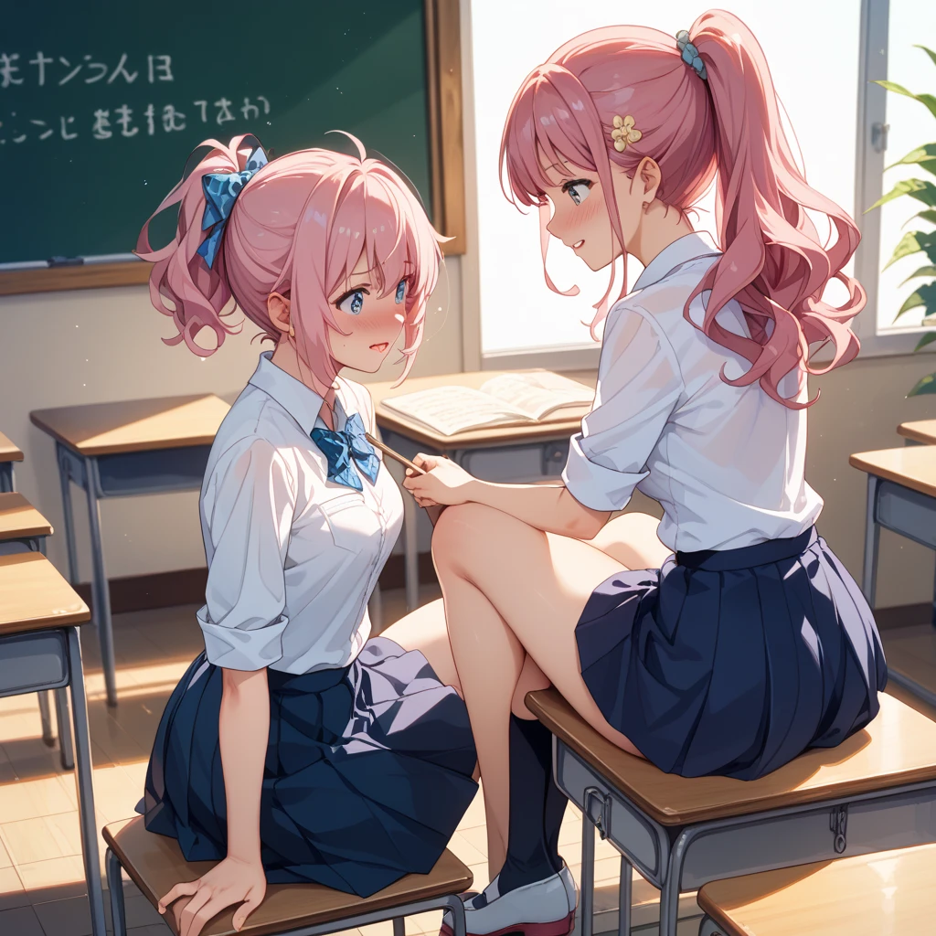 1 long hair, girl in school uniform, miniskirt, pink hair, looking away, sitting and spreading crotch, embarrassed, blushing, crying, mouth closed, classroom (girl leaking pee)