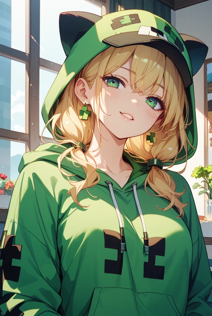 ((masterpiece, best quality)), highres, 8k, cinematic light, high contrast, depth of field, intense glow, detailed background, 1girl, cute, detailed eyes, sparkle in eyes, detailed iris, grin, stylized, (green_hair:1.3), messy hair, luminous, dreamer, dreamy eyes, sleepy, (yellow_eyes:1.3) enchanted green eyes, hood, hoodie, frog hoodie, (frog hood:1.5), froggy, (frog in disguise:1.3), unzipped hoodie, (naked hoodie:1.3), large breasts, cleavage, exposed body, no pants, no skirts, bottomless, no shirt, shirtless, (green_hoodie:1.3), cute, cute smile, (blushing:1.3)