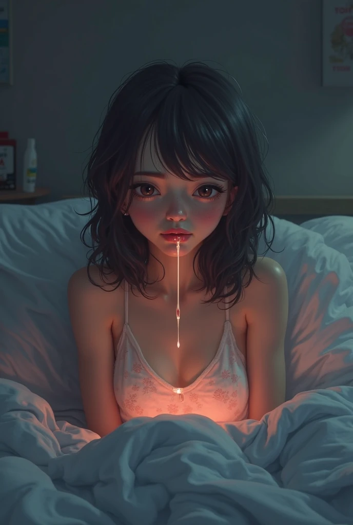 absurderes、​masterpiece、top-quality、realisitic、Hyper-detailing、(skin gloss、Sweatiness:1.4)、(((Angle from directly above)))、(One Woman、独奏、short-hair、Bun hairstyle、Detailed body、A detailed face)、(Upper body naked、Panties underneath)、(Thigh:0.5)、动态照明、hight resolution、foco nítido、depth of fields、((small tits、very slender body、thin neck、skinny thigh)),((Sit with your knees bent、I am holding a transparent male organ in my hand and sucking it)),(open open mouth、Stick out your tongue、red blush、A wistful look、Staring at the viewer)、((Half body shot,POV、up of face))、(inside in room、Background blur),
