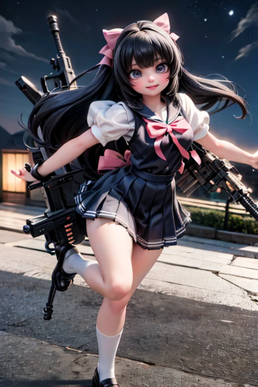 (Best Quality, Masterpiece:1.4), (Realism:1.2), (Realisitc),Detailed, Ultra-Detailed, Digital Art, Detailed Face, (Hyper-Detailed Eyes:1.2)，very long twin ponytails，black hair，green butterfly bow headband/hair accessory,green clothes,black stockings,smile,Green eyes,(Lady Sun),wearing Short skirt,empowered,beautiful,detailed,wide shot,attacking with firearms