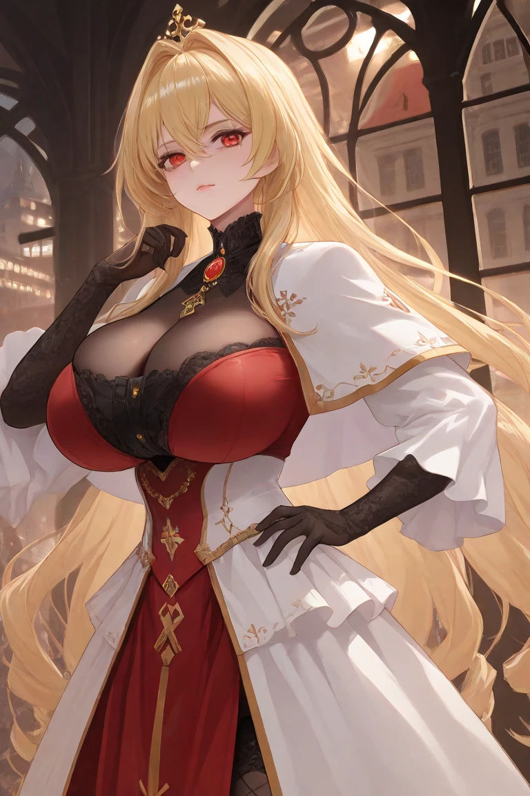 (Masterpiece, Best Quality, High Quality, Highres:1.4), Detailed, Extremely Detailed, Ambient Soft Lighting, 4K, Ornate,

Indoors, (Renaissance, Vintage:1.4), Plants, Window,

1Gril, (Solo:1.4), (Milf:1.2), Standing, Upper Body, (Face Focus:1.2),

(Extremely Detailed Hair:1.2), Blonde Hair, Long Hair, Long Sidelocks, Bangs, (Hair Intakes, High Ponytail:1.4),

Expressionless, Emotionless, (Red Eyes, Glaring, Contempt, Disgust, Looking at Viewer:1.2),

Curvy, Huge Breasts, Skindentation, (Bursting Breasts:1.2), 

(Tiara:1.2), Crown, (Cleavage, Strapless, Red Dress, Frilled Dress, Long Skirt, Puffy Skirt, Puffy Sleeves, Juliet Sleeves, Long Sleeves:1.2), Jewelry,