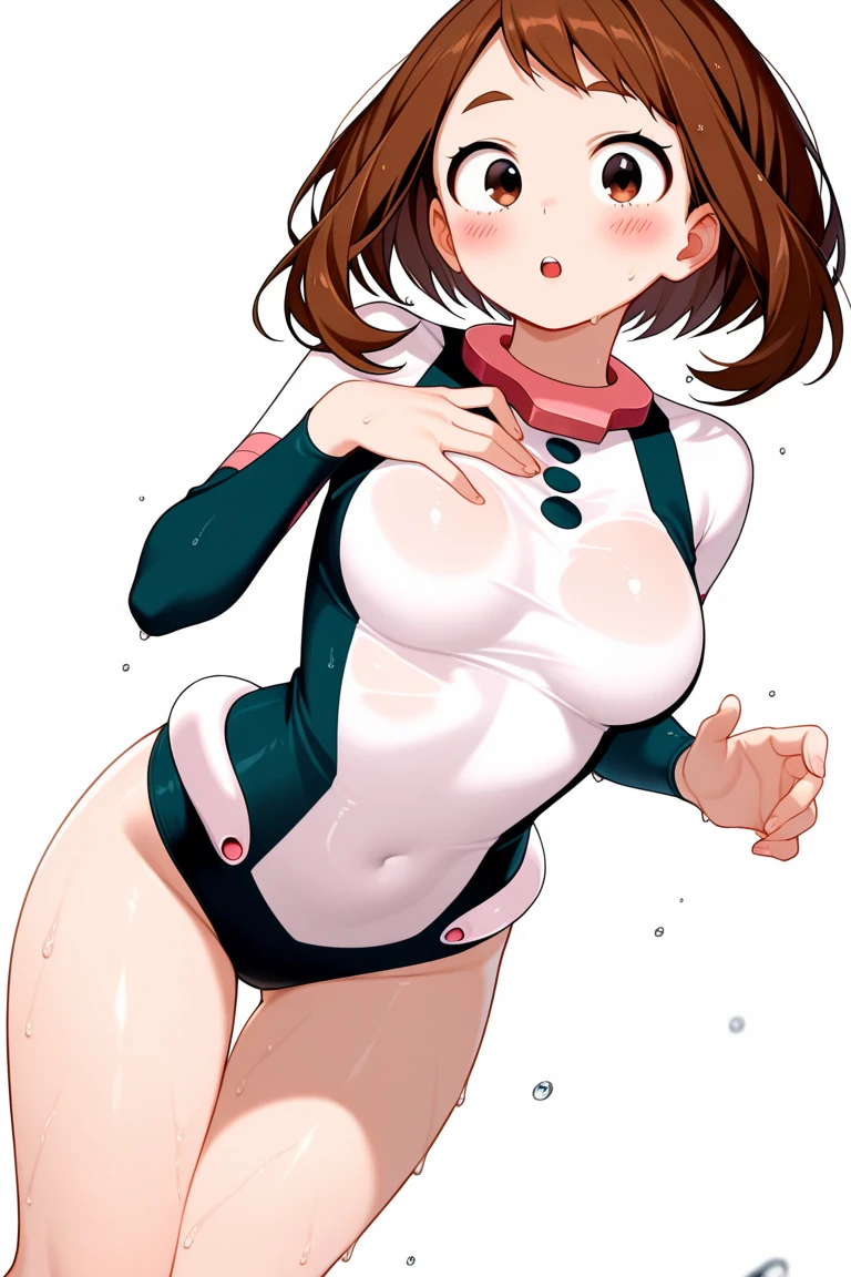 hiquality、16 K、((huge-breasted))、(thick thighs)、(Short hair, bob cut hair、Straight hair),(((Forehead)))、((Brown-eyed))、(((Brown hair)))、(Sweat)、((:D))、((nipple bulge))、((white leotard))、(((light blue decoration)))、White Gloves、White knee socks、((White Hair Clip))、Electronic space、(((Chibi)))、spreading legs、Surprised、Floating in the air