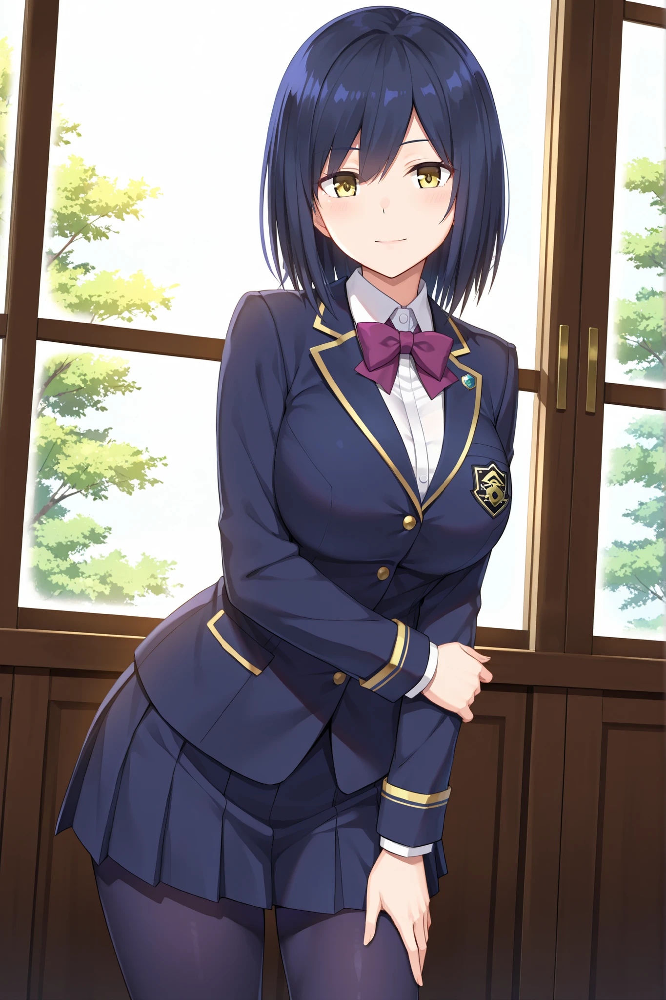 solo,masterpiece,best quality, amazing quality, highres, absurdres, very aesthetic, high resolution, ultra detailed, perfect details,nijirin,large breasts,yellow eyes,blue hair,black hair,moles,medium hair,nijirincos,white shirt,collared shirt,purple bowtie,blazer jacket,blue jacket,closed jacket,blue skirt,miniskirt,pleated skirt,dark blue pantyhose,(masterpiece, detailed:1.2)、look at viewer,anime screencap,mature female