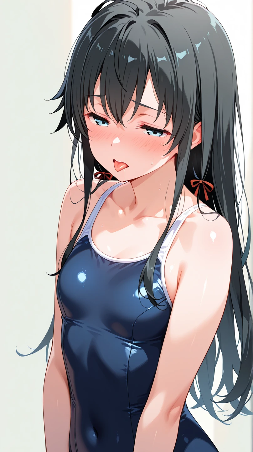 highest quality,wonderful,finely,extremely detailed CG Unity 8K wallpaper, (1 girl,wavy hair, blue eyes,medium hair), (small breasts:1.2), (school swimsuit:1.1), (bare shoulders:1.1), (clavicle:1.1), (open mouth:1.2), (long tongue:1.2), (mouth drool:1.2), (zettai ryouiki:1.2),(constriction:1.2), (Are Standing:1.2),(Nipples),(Nipples visible), ((cum,sperm,semen)),(((cum on face))),((ejaculation semen)),((ejaculation cum)),(((bukkake))),purple hair,arms up,armpit,