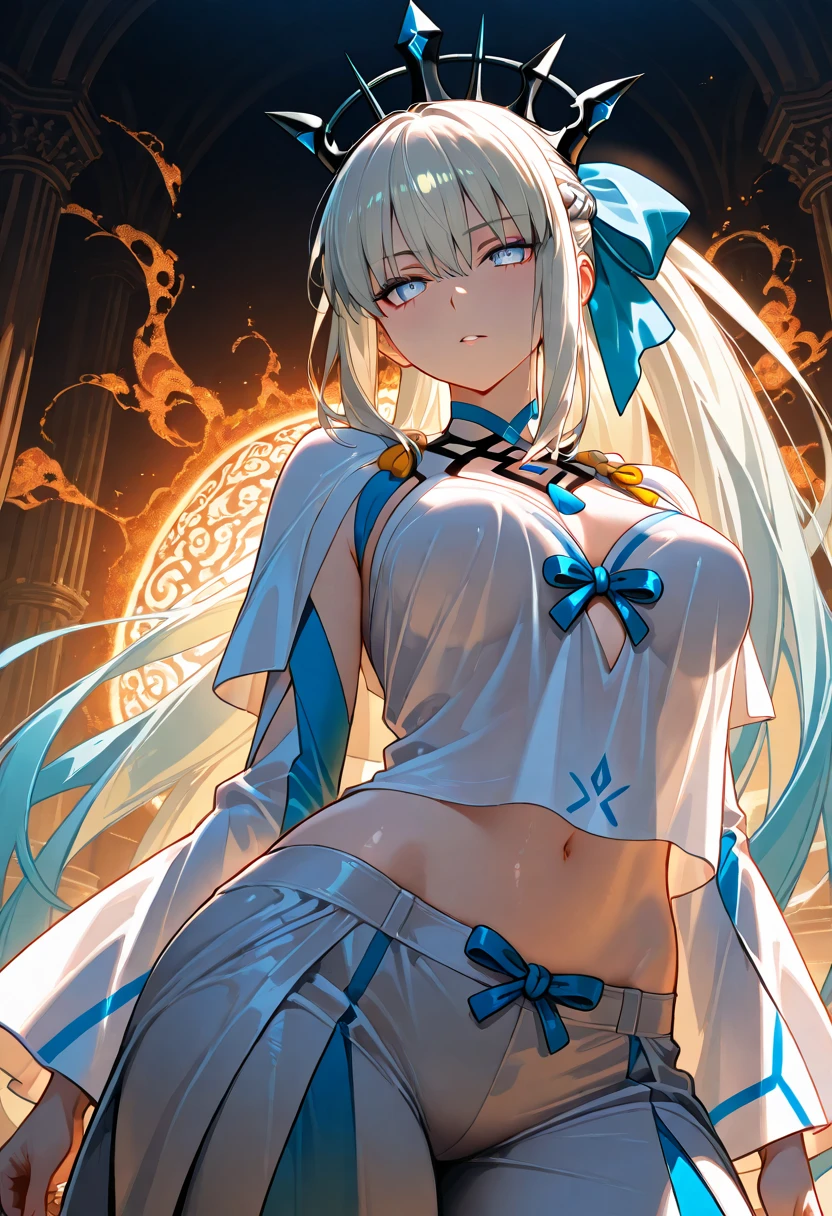 seamless image fusion, best quality, super fine, 16k, incredibly absurdres, extremely detailed, delicate and dynamic, noble, cool and beautiful elf woman, blonde hair, captivating look, aroused expression, iridescent gold eyes, tall and stylish, wearing red and white shrine maiden costume, background shrine office, wonderful effects that highlight the subject