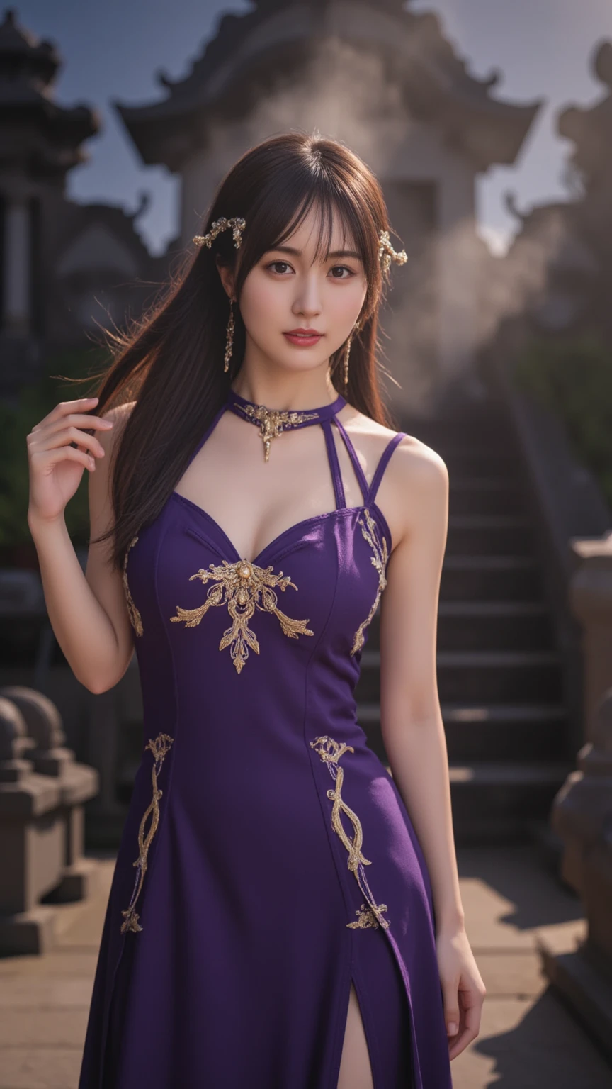 Create a photo of an extremely beautiful and graceful Asian girl with delicate features and a charming smile. She wears a mysterious and elegant outfit, maybe a long dress or an intricate cape in bold, rich colors, Adorned with delicate sparkling details. Her outfit should exude mystery and seduction. The background is a fantasy scene, with surreal elements like flying lanterns, mystical forest, or the witch&#39;s garden. The scene should evoke a sense of wonder and magic, with elements like glowing flowers, foggy mist, or sparkling waterfalls. The lighting in the scene is very special, with a special emphasis on the bright sunlight filtering through the trees or illuminating her figure like a halo. Sunlight should create a warm atmosphere, Yello brilliant, tăng thêm vẻ huyền ảo và mơ mộng cho bức ảnh