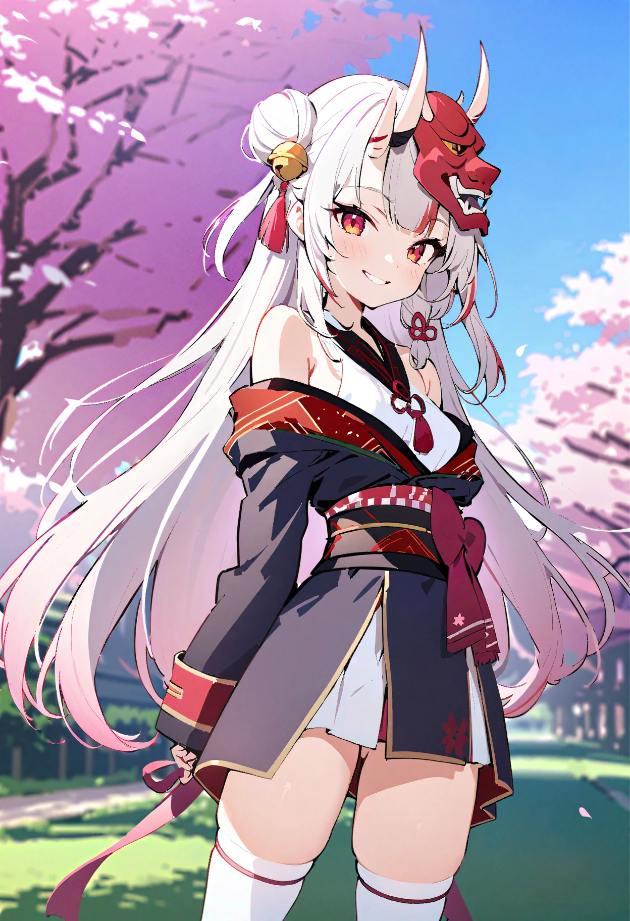 (score_9,score_8_up,score_7_up),source_anime,
1 girl,Melusine,Fate Grand Order,alone,looking at viewer,smile,small breasts,gray hair,hair between eyes,yellow eyes,bangs,long hair,dragon horns,Cherry blossoms,sun tan,dark skin,tan skin,big thighs,