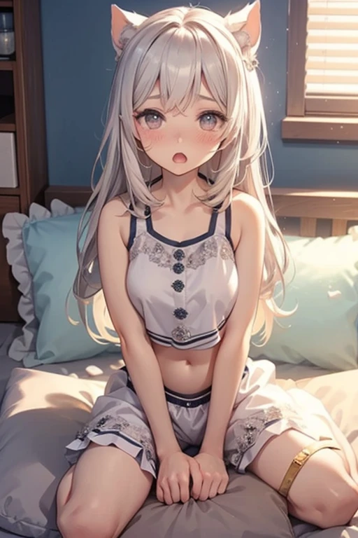 Super detailed(eye:1.7),highest quality、Best image quality、On the bed、Beautiful valley、Disheveled clothes、thin、Humiliated face、Dog Pose、Super detailed、Small breasts、Light Particles 0.5、Moist eyes、Wet body、lick、Open your mouth、Sticking out tongue、dripping cloudy saliva、Small face、Kemomimi Village Girl、White Hair、Up ponytail、Bare legs、Bare buttocks、Twisted clothes、16 years old、