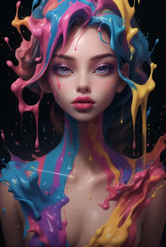 statue of a beautiful female bust, paint dropping, paint only, dripping colorful paint, paint forms bust,  <lora:statue:1>