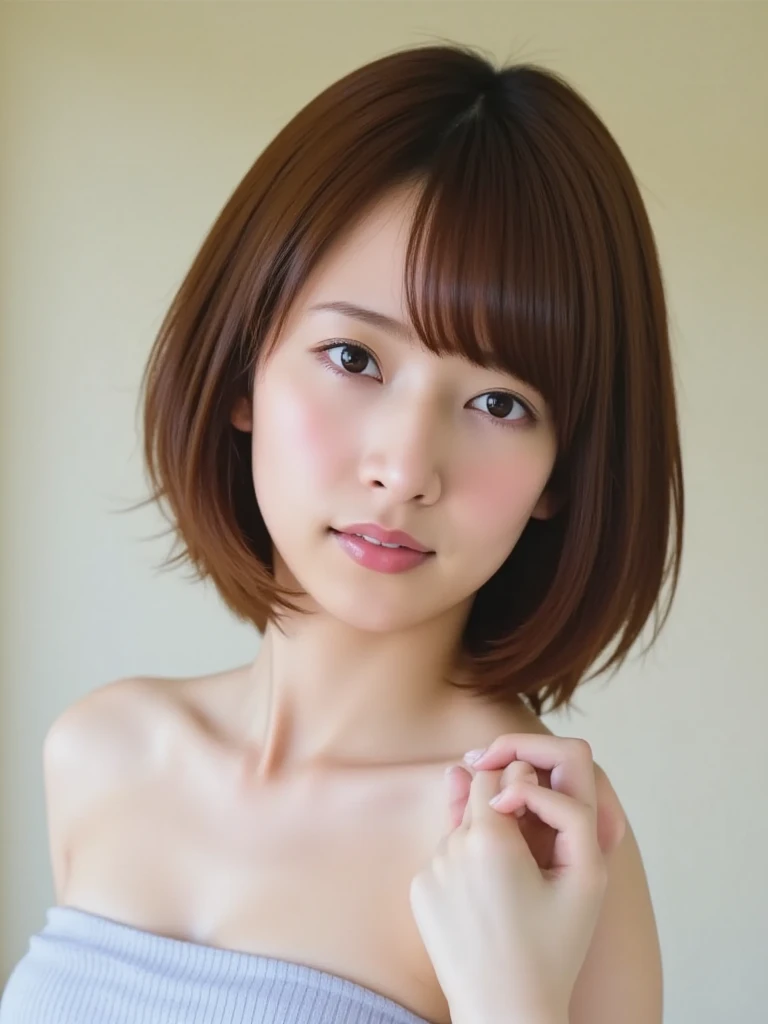 (8k、RAW Photos、top-quality、​masterpiece:1.2)、(realisitic、Photorealsitic:1.37)、ultra-detailliert、超A high resolution、女の子 1 人、see the beholder、(((White realistic human skin)))、flowy hair、beautifull detailed face、a smile、tusk、(feathercut: 0.6)、bra very、panties on、profetional lighting、Detailed room、inside the house、