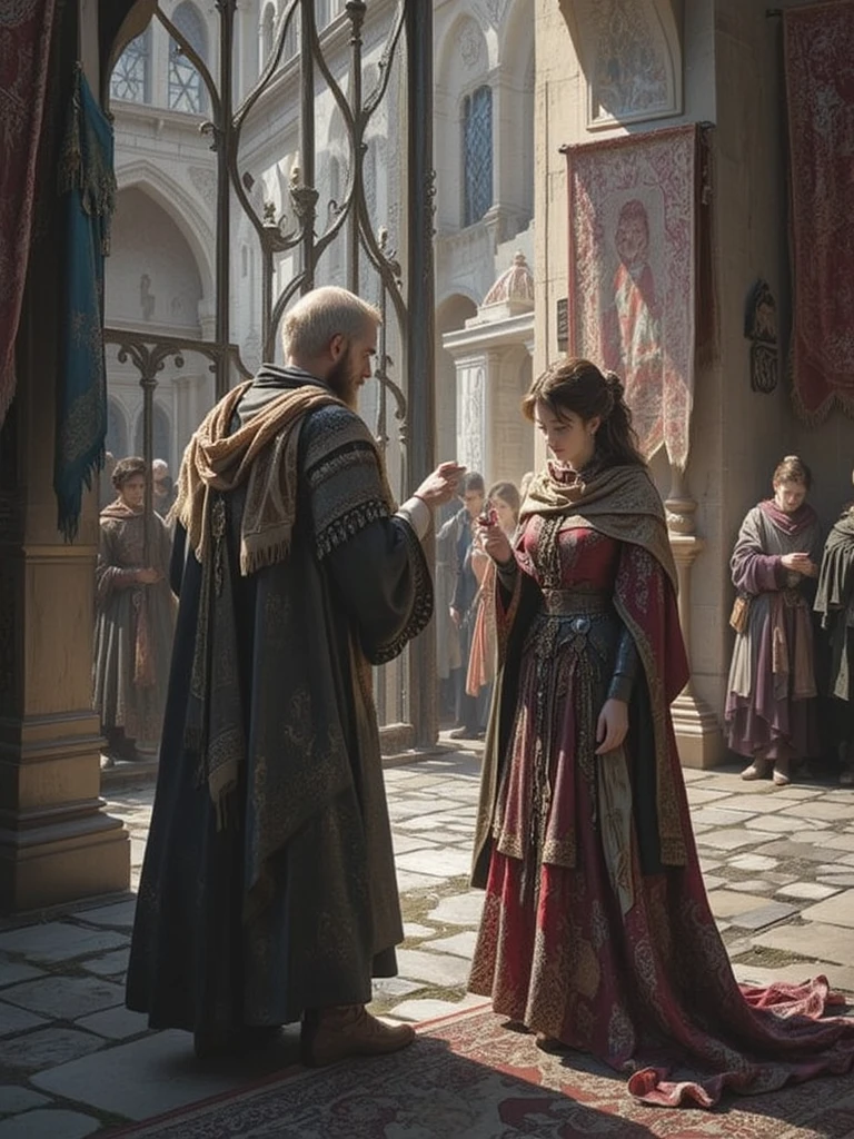 Generate an image that depicts a wedding feast in the historical context in which Jesus lived. The scene should take place in an environment that refers to Palestine or the surrounding region in the first century. The bride and groom are dressed in period costumes, com roupas tradicionais e detalhes que denotem a cultura daquela era
