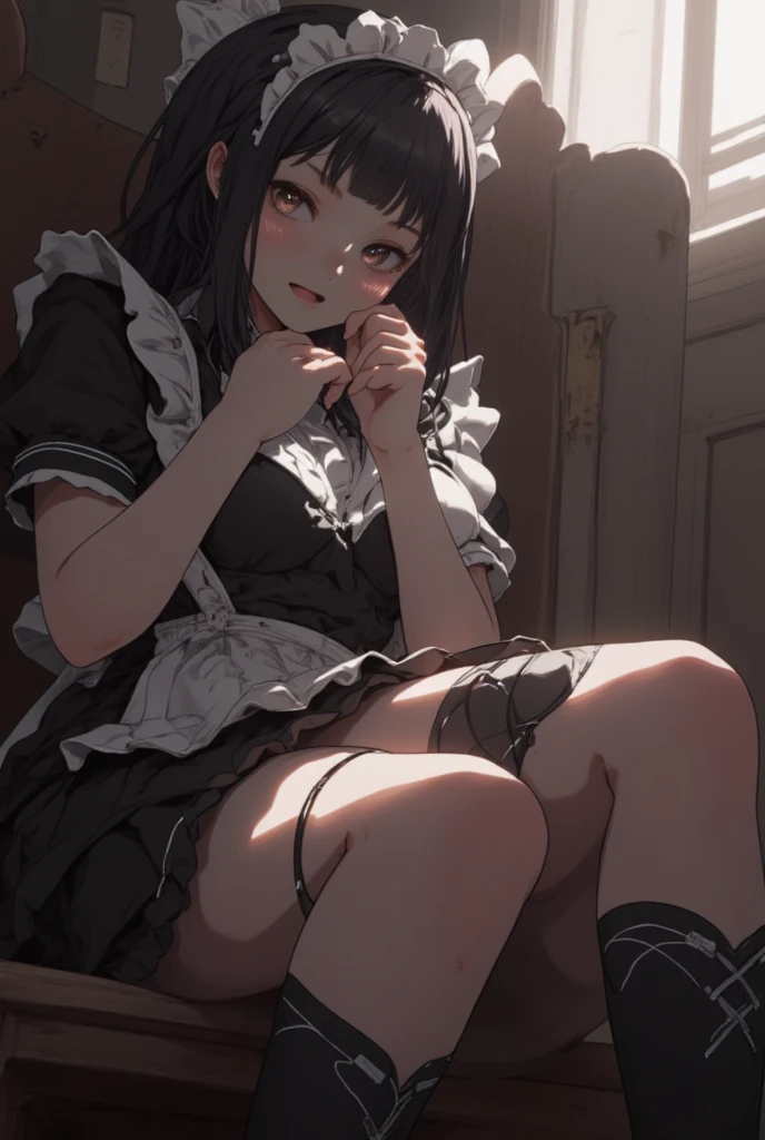 (Highest quality), (masterpiece), 1080P, High resolution, 4K, 8K, Maid clothes, Heart hole in chest, cry, They hesitate, run away, Are crying, socks, bag, Long black hair, squat, Apartment, At the door, Outdoor, night