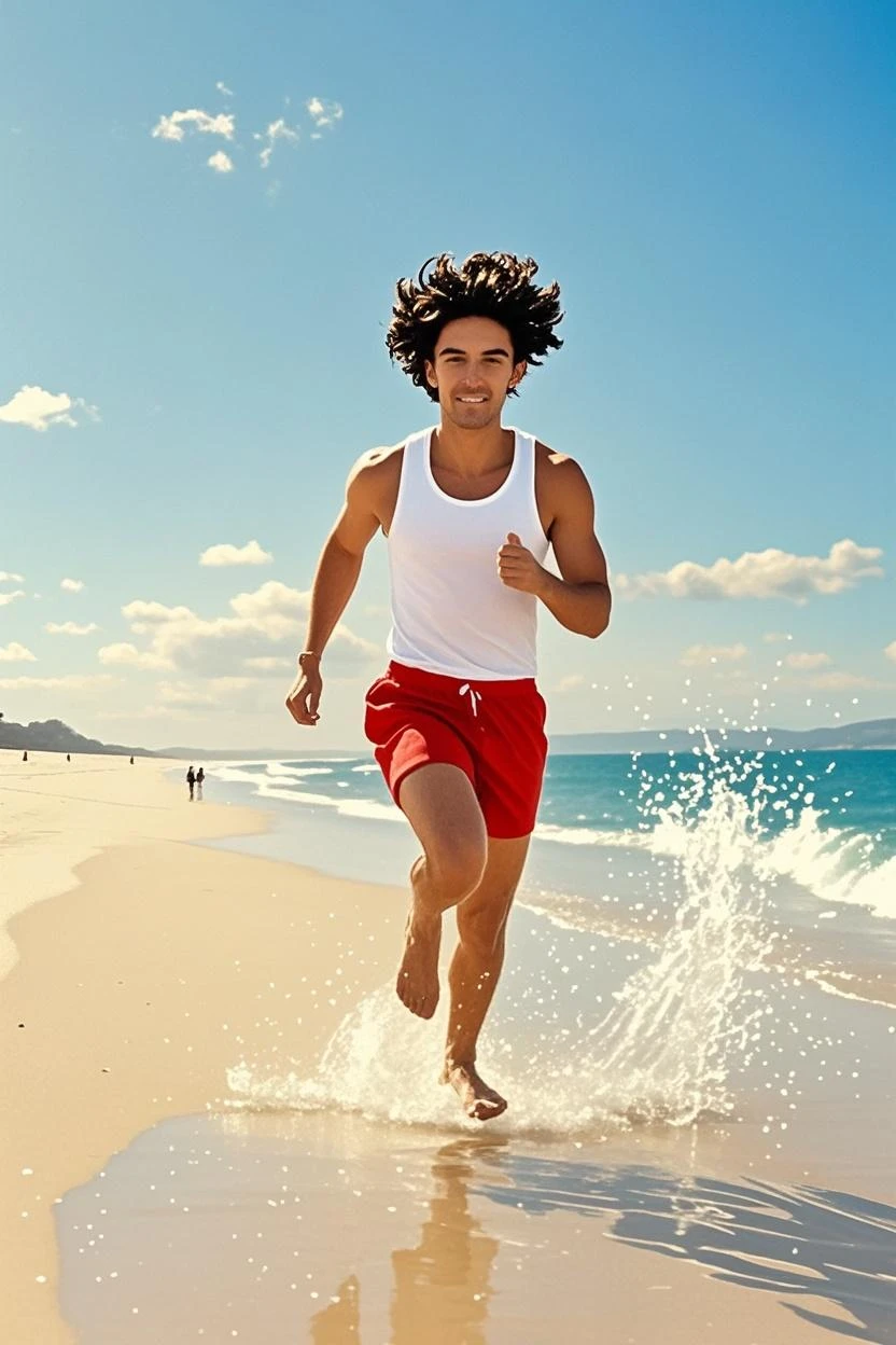 A handsome young man with a beautiful, thin, white face, fair and smooth skin, shirtless, wearing a pink swimsuit, short black hair, on a catwalk at a men's beach party, holding a beach ball in his hand, the audience applauding and celebrating with bubbles. A tall, thin, white, shirtless man.