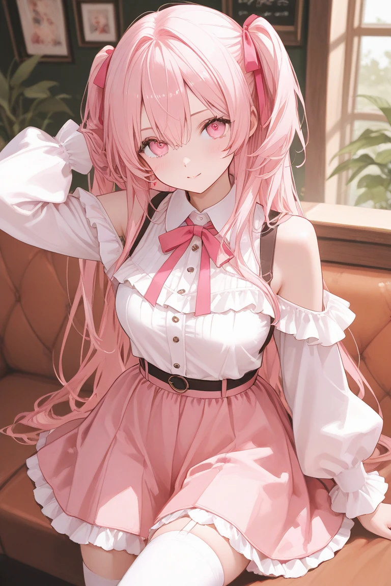 (1woman), (beautiful affectionate girl), masterpiece, beautiful, Pixiv, top quality, (((long pink hair))), Korean bangs, (((cowlick))), ((half-body facing the viewer)), (((blue eyes))), ((white blouse with a red string)), ((pleated skirt)), ((black stockings)), (standing), (warm smile), (immense blushing), (fully black background), ((hand on hips))