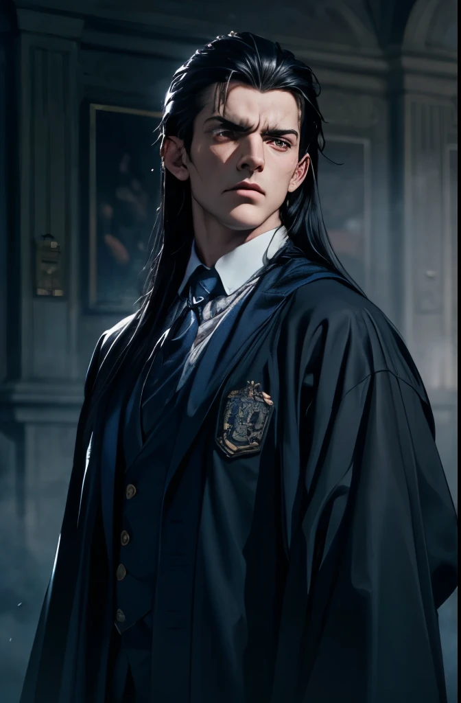 handsome gloomy guy with long black hair in a robe with a blue tie,dramatic portrait,detailed facial features,serious expression,moody atmosphere,dramatic lighting,cinematic composition,professional portrait photography,high resolution,8K,HDR,physically-based rendering,dark blue color palette,melancholy,brooding