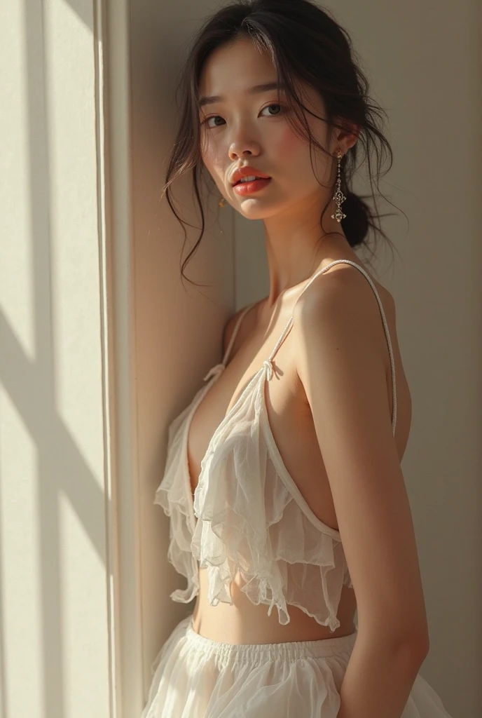 (Highest quality:1.4),(masterpiece:1.4),(Realistic:1.4),(Realistic:1.2),(超High resolution, RAW Photos:1.4),(High resolution, Very detailed:1.2),(8k:1.2),photograph,(Shot from behind:1.3)、Korean women、brown hair photos,One Woman,alone,(In underwear),Very large breasts,((Thigh to head shot:1.3))、(((topless、You can see her large breasts from the side.)))、((Toothy smile))、((Very large breasts:1.4))、Realistic skin textures、Slightly freckled、Slender figure、Realistic skin textures、((background,Concrete wall:1.3)),(topless,The breast is visible from the side:1.6),(Long lace slip,White)、3 woman、The angle at which the nipple is not visible、((Updo long hairstyle))、((Black,Long lace slip:1.4))、Correct toes、Detailed facial features、Long slip covers the buttocks and soles of the feet、Long slip covers your butt、