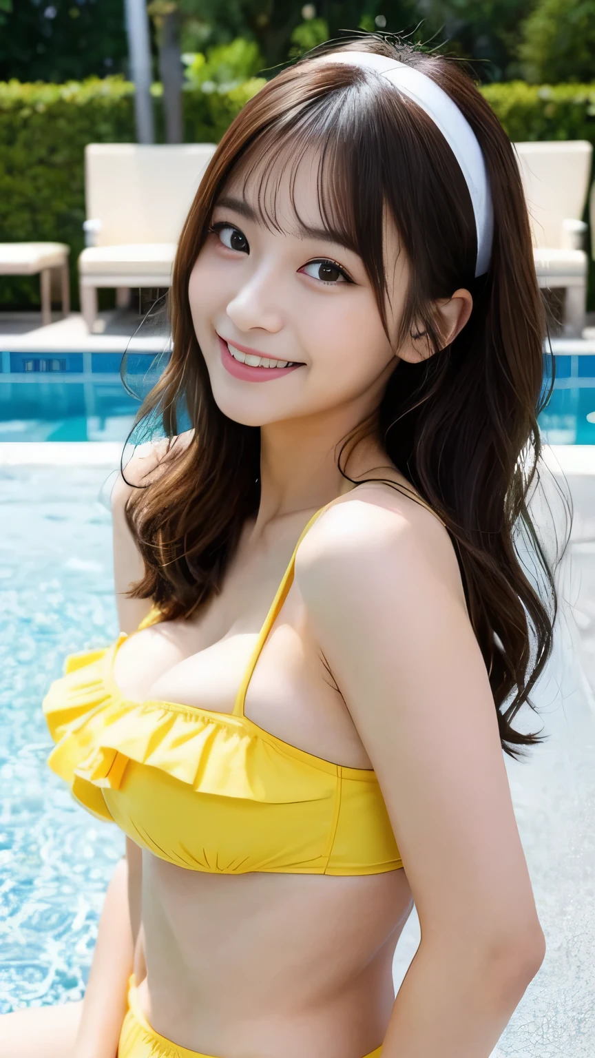 22 year old Japanese woman、very beautiful woman、1 woman、big beautiful eyes、beautiful nose、Fashionable hairstyle、curly light brown hair、big breasts、In a stylish pool、(muste piece, best quality, It&#39;s photorealistic, High resolution, photograph, :1.1)、real looking skin, porcelain skin,(dynamic lighting, reality, Super realistic, reality的な詳細な) , fine texture、cute smile、In a stylish yellow bikini